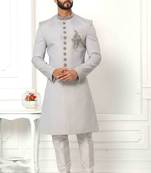 Grey hand embroidered teri rayon sherwani for men