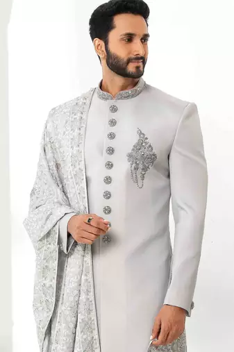 Grey hand embroidered teri rayon sherwani for men