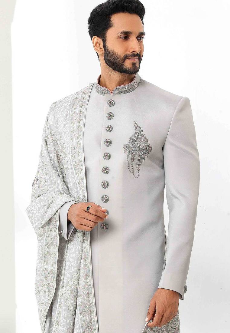 Grey hand embroidered teri rayon sherwani for men