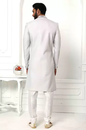 Grey hand embroidered teri rayon sherwani for men