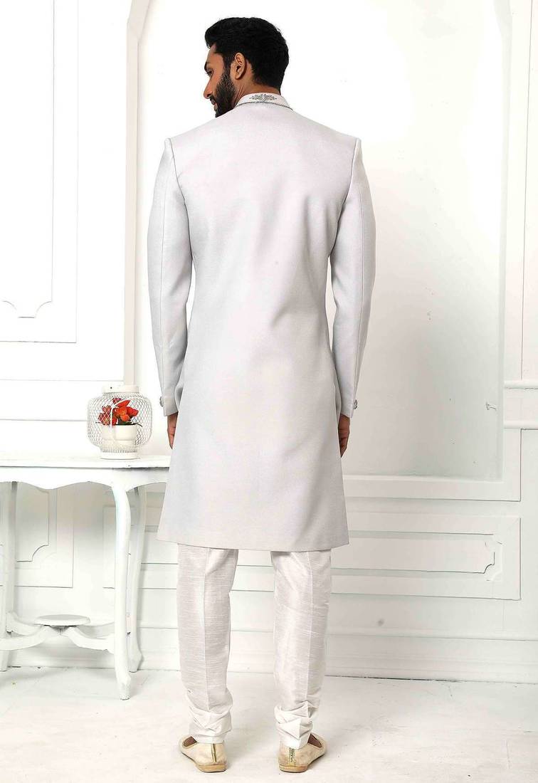Grey hand embroidered teri rayon sherwani for men