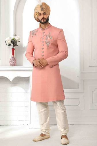 Peach hand embroidered teri rayon sherwani for men