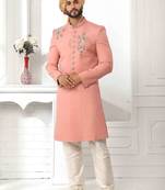 Peach hand embroidered teri rayon sherwani for men