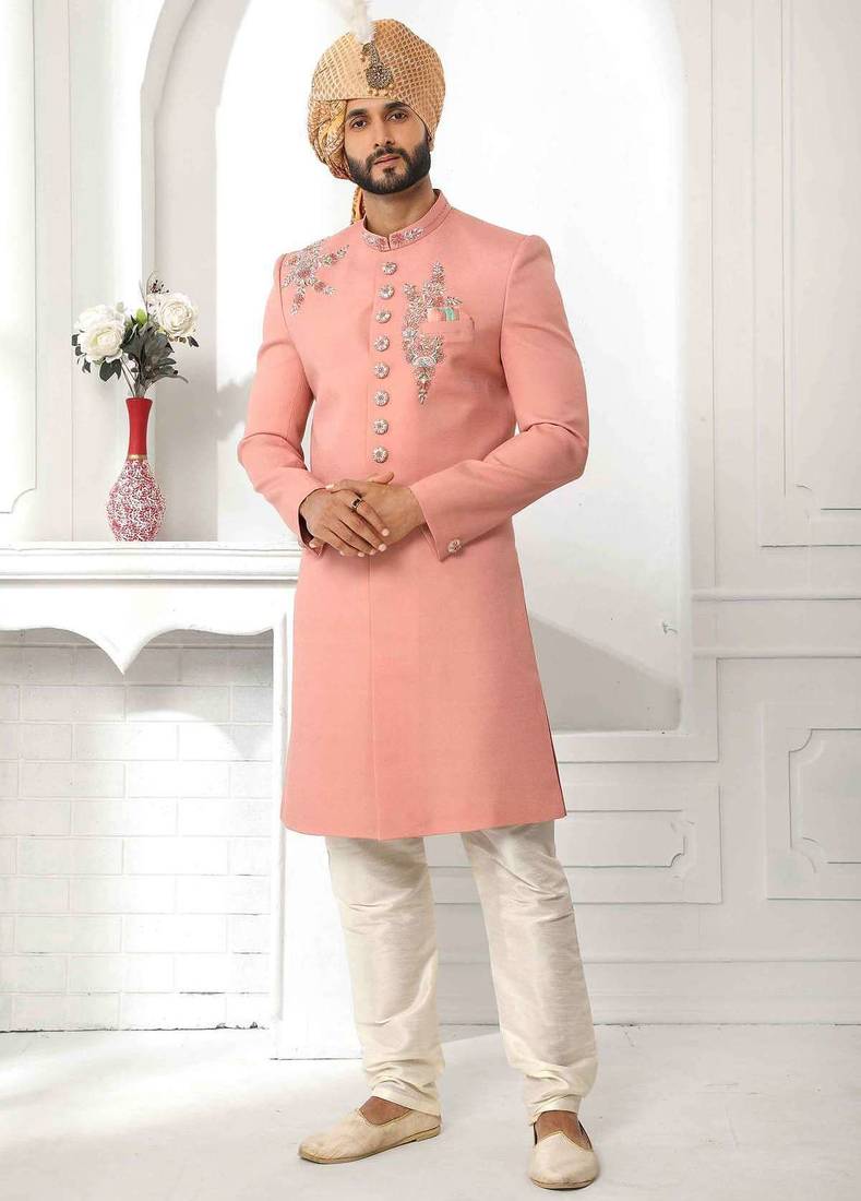 Peach hand embroidered teri rayon sherwani for men