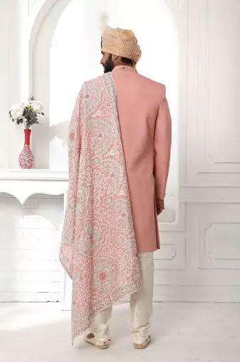 Peach hand embroidered teri rayon sherwani for men