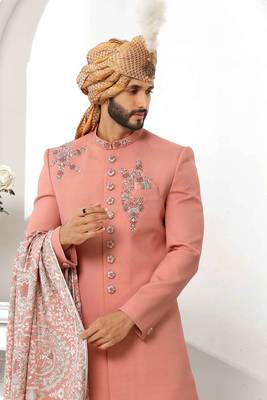 Peach hand embroidered teri rayon sherwani for men 3