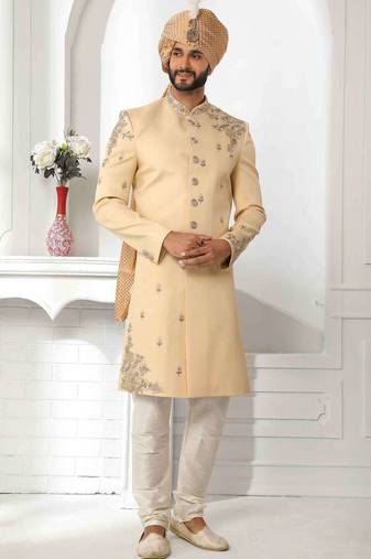Dark fawn yellow hand embroidered teri rayon sherwani for men