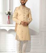 Dark fawn yellow hand embroidered teri rayon sherwani for men