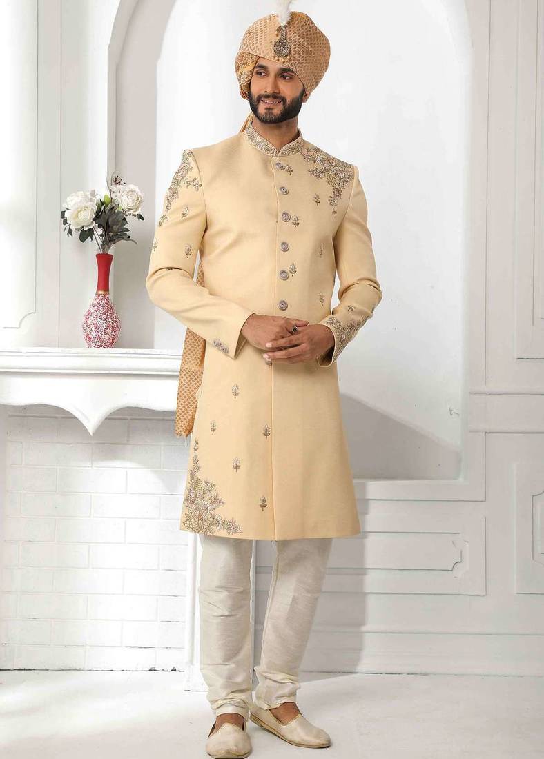 Dark fawn yellow hand embroidered teri rayon sherwani for men