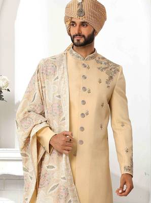 Dark fawn yellow hand embroidered teri rayon sherwani for men 2