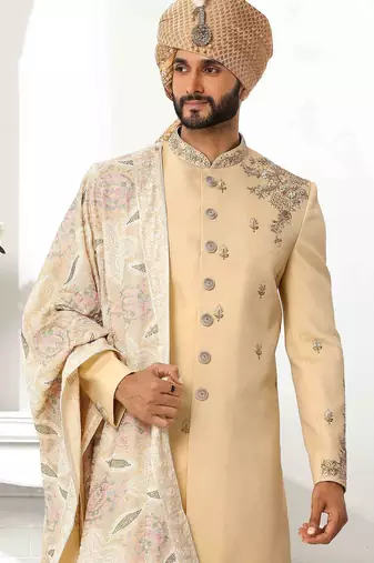 Dark fawn yellow hand embroidered teri rayon sherwani for men