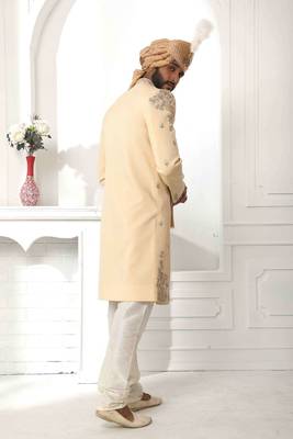 Dark fawn yellow hand embroidered teri rayon sherwani for men 3