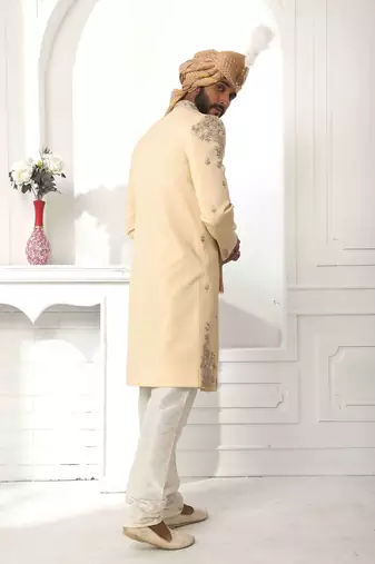 Dark fawn yellow hand embroidered teri rayon sherwani for men