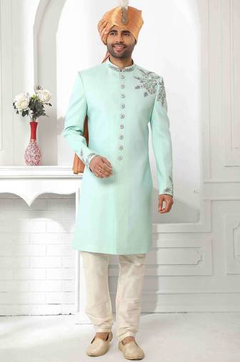Pista green hand embroidered teri rayon sherwani for men