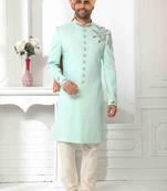 Pista green hand embroidered teri rayon sherwani for men