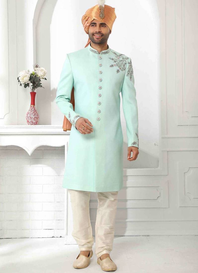 Pista green hand embroidered teri rayon sherwani for men