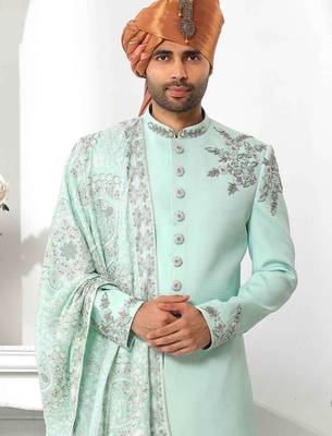 Pista green hand embroidered teri rayon sherwani for men 2