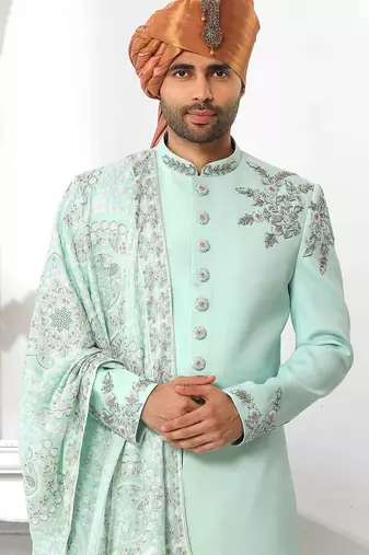 Pista green hand embroidered teri rayon sherwani for men