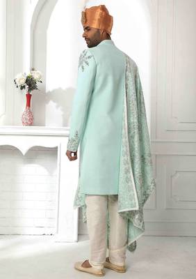 Pista green hand embroidered teri rayon sherwani for men 3