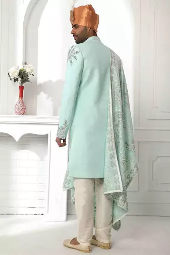 Pista green hand embroidered teri rayon sherwani for men