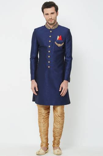 Navy blue hand embroidered art silk sherwani for men