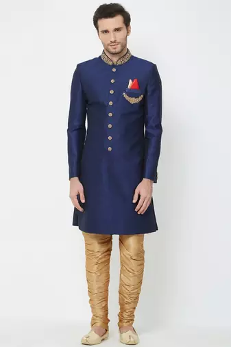 Navy blue hand embroidered art silk sherwani for men