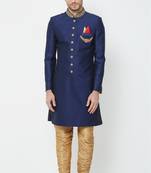 Navy blue hand embroidered art silk sherwani for men