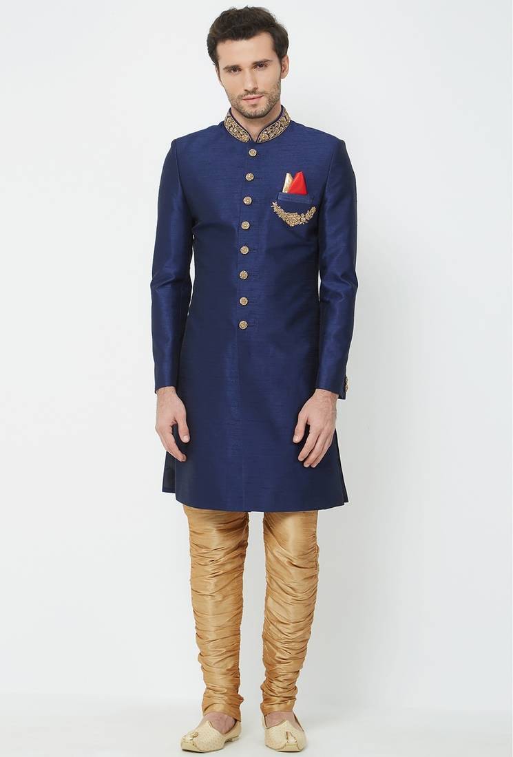 Navy blue hand embroidered art silk sherwani for men