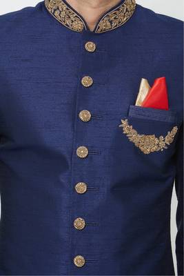 Navy blue hand embroidered art silk sherwani for men 2