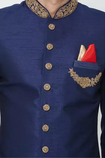 Navy blue hand embroidered art silk sherwani for men