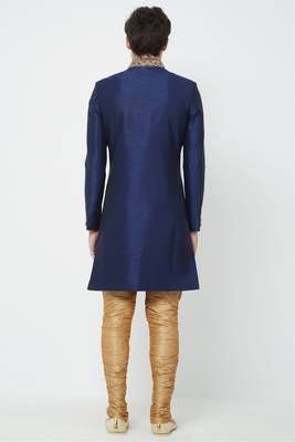 Navy blue hand embroidered art silk sherwani for men 3