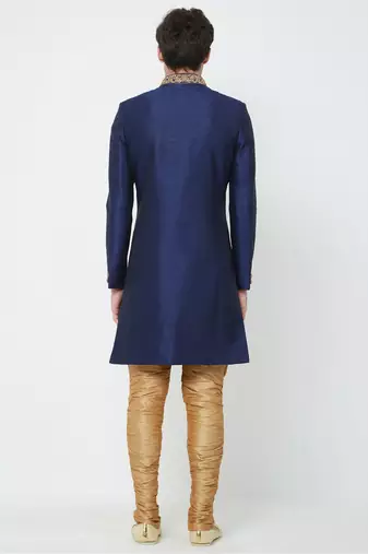 Navy blue hand embroidered art silk sherwani for men