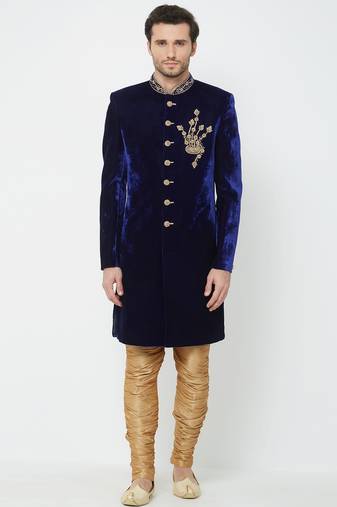 Navy blue hand embroidered velvet sherwani for men