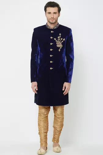 Navy blue hand embroidered velvet sherwani for men