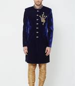 Navy blue hand embroidered velvet sherwani for men