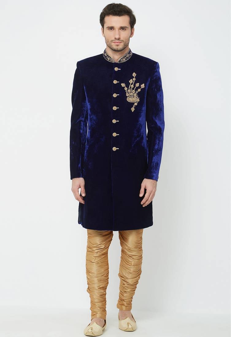 Navy blue hand embroidered velvet sherwani for men
