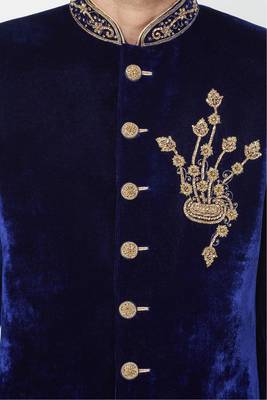 Navy blue hand embroidered velvet sherwani for men 2