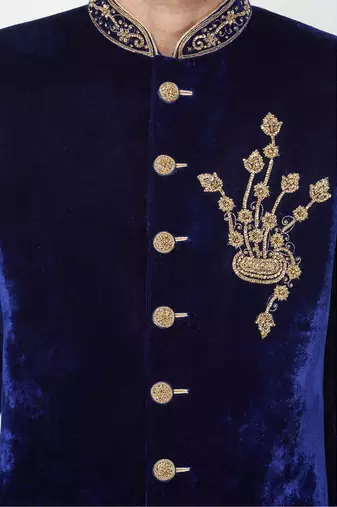 Navy blue hand embroidered velvet sherwani for men