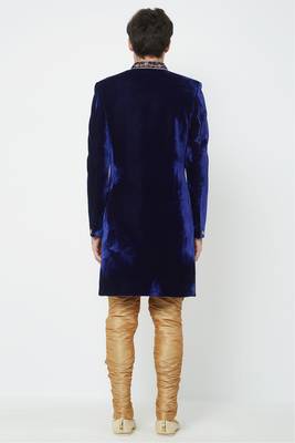 Navy blue hand embroidered velvet sherwani for men 3