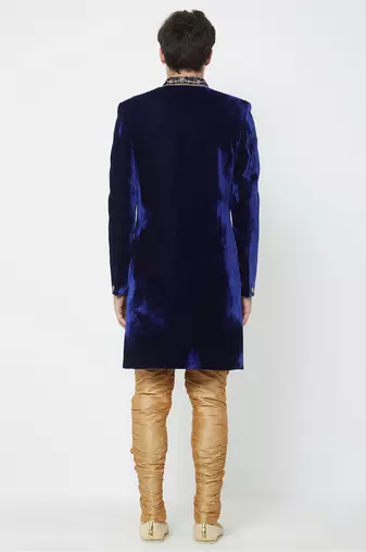 Navy blue hand embroidered velvet sherwani for men