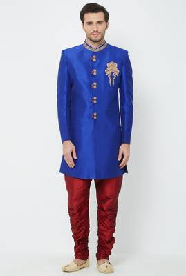 Royal blue hand embroidered art silk sherwani for men 1