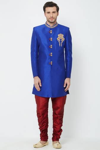 Royal blue hand embroidered art silk sherwani for men
