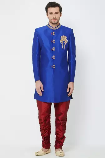 Royal blue hand embroidered art silk sherwani for men