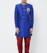 Royal blue hand embroidered art silk sherwani for men