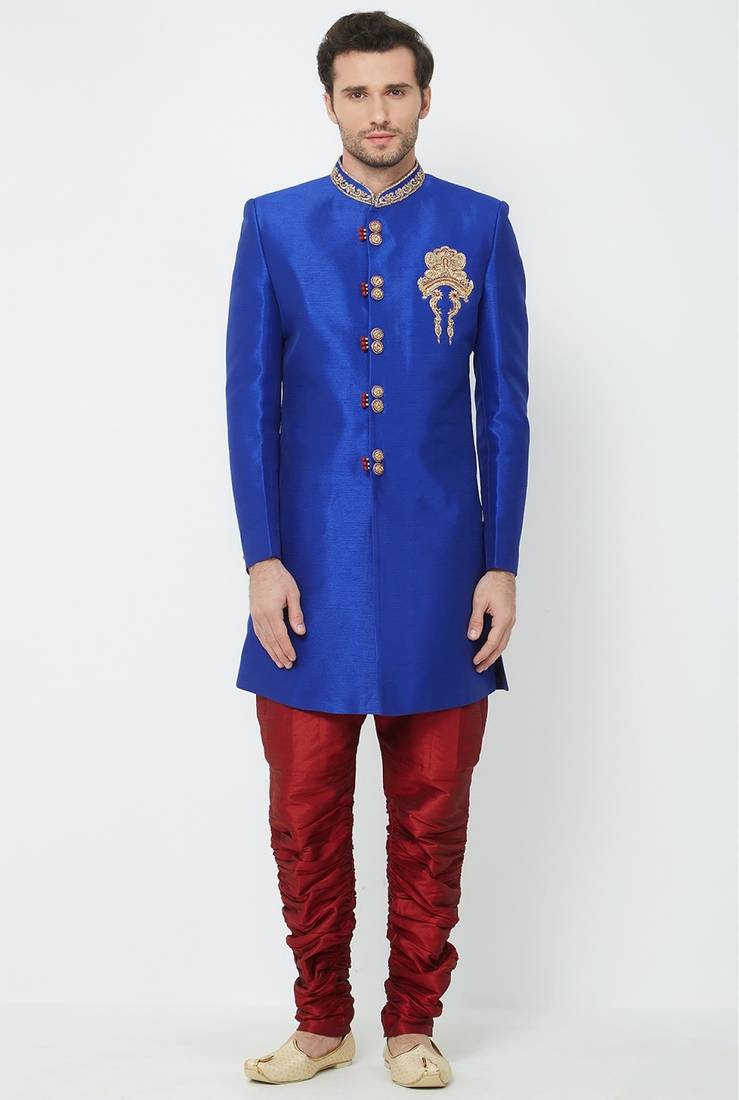 Royal blue hand embroidered art silk sherwani for men