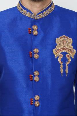 Royal blue hand embroidered art silk sherwani for men 2