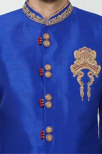 Royal blue hand embroidered art silk sherwani for men