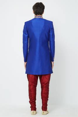 Royal blue hand embroidered art silk sherwani for men 3
