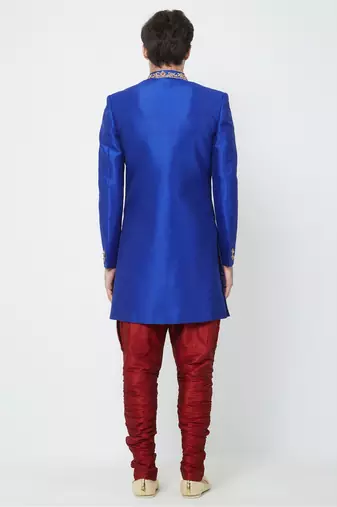 Royal blue hand embroidered art silk sherwani for men