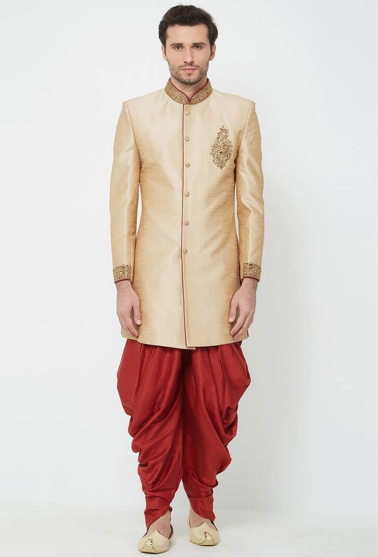 Gold hand embroidered art silk sherwani for men